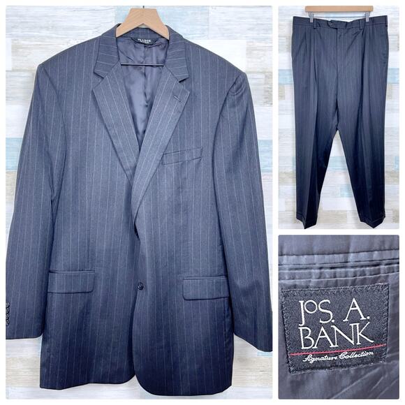 Jos A Bank Wool Suit Gray Striped Mens 46 XL Jacket 40x32 Pleated Cuffed Pants - Picture 1 of 15